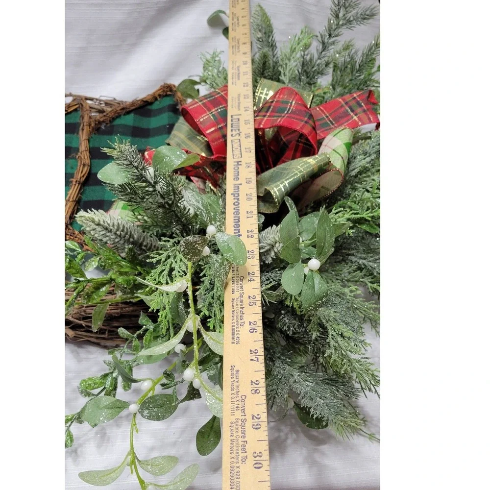 Rustic Wreath Natural Grapevine Green Buffalo Plaid Christmas one of a kind